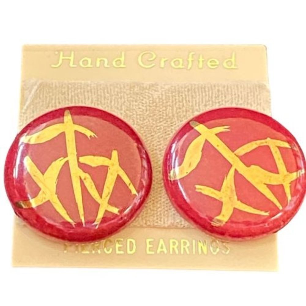 Hand Crafted Asian Inspired Red and Gold Button Earrings | NEW on Card